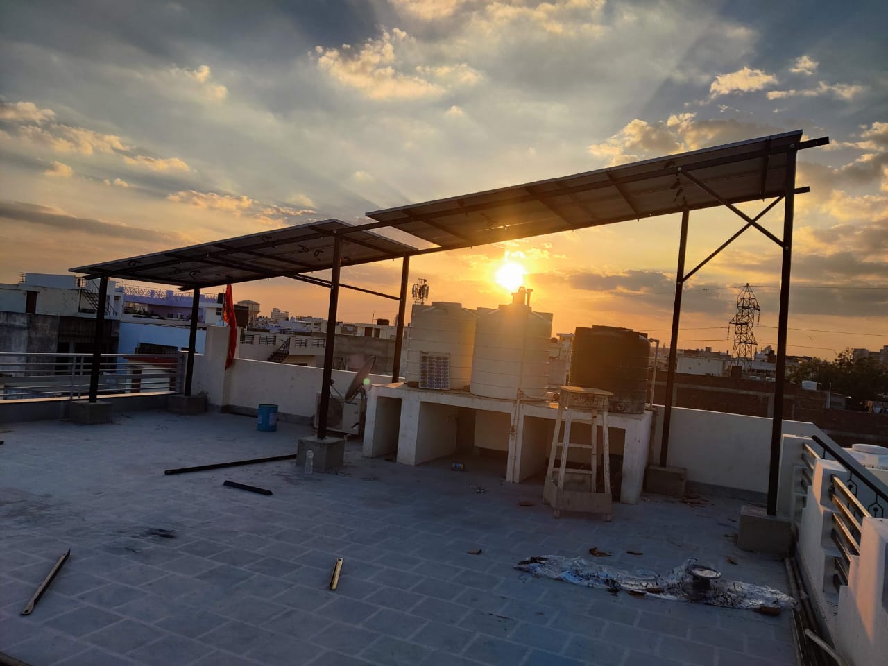 Solar tin shade structure at sunset Jaipur